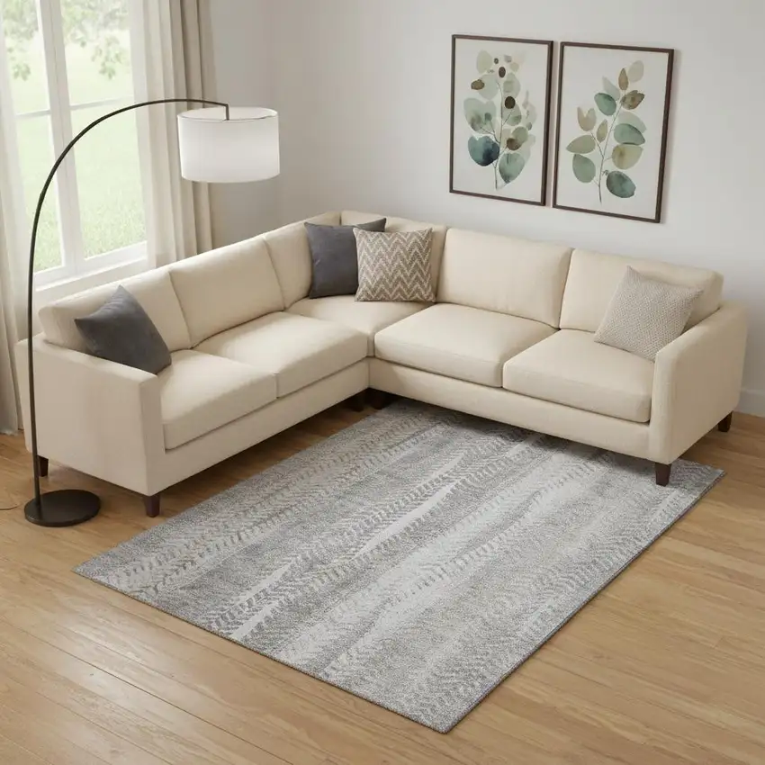 Silver And Gray Striped Washable Area Rug With UV Protection Photo 1