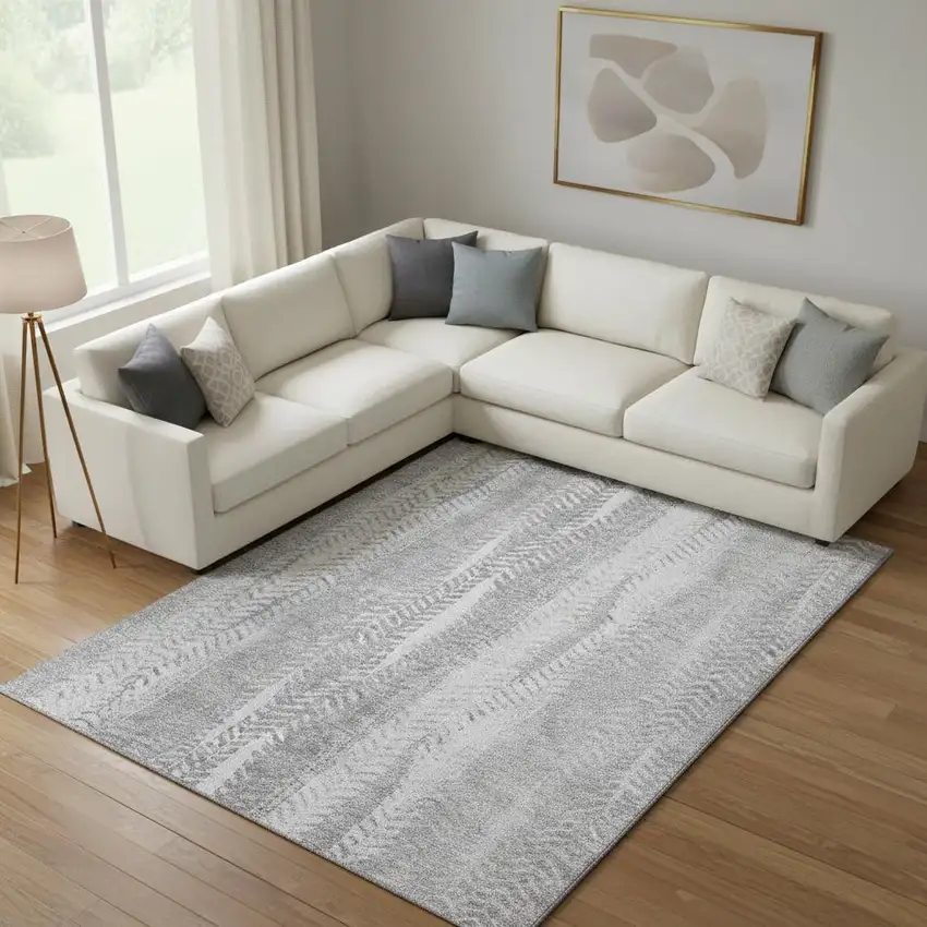 Silver And Gray Striped Washable Area Rug With UV Protection Photo 1