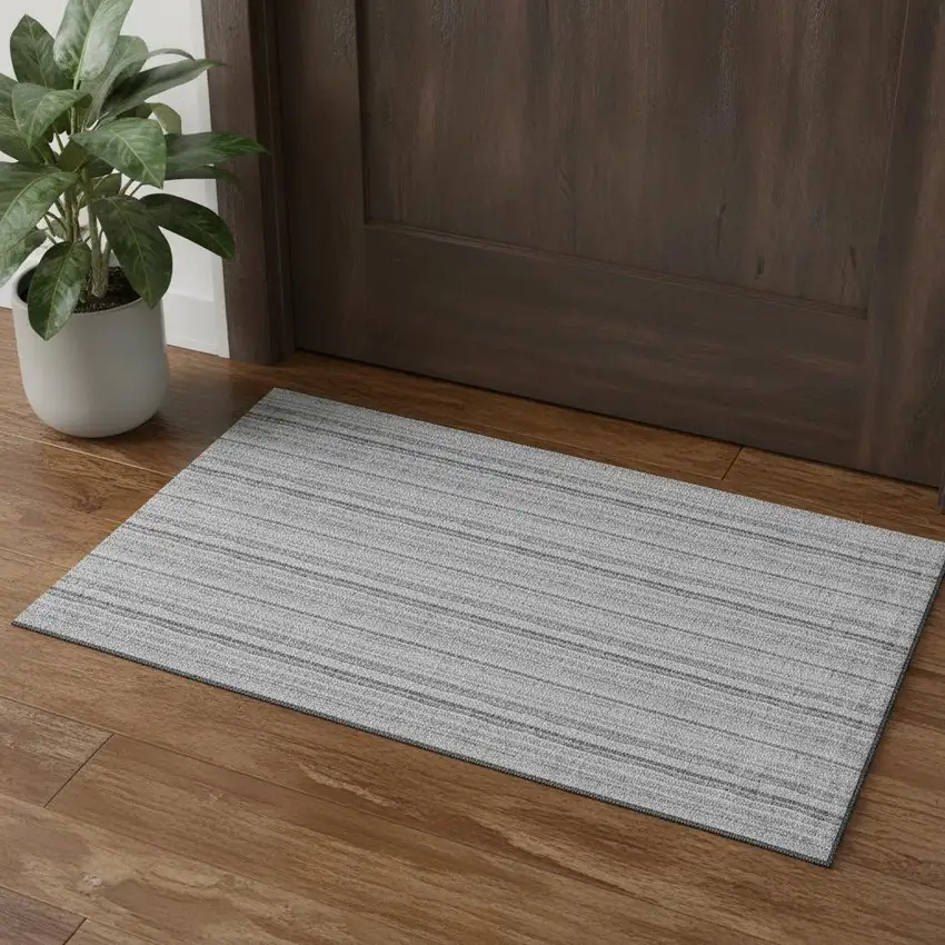 Silver And Gray Striped Washable Area Rug With UV Protection Photo 1