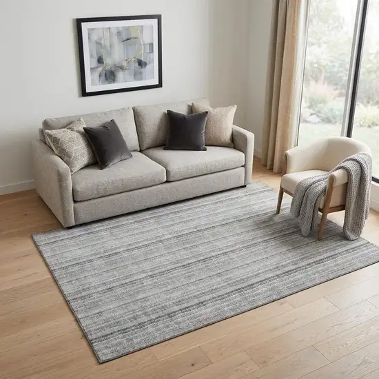 Silver And Gray Striped Washable Area Rug With UV Protection Photo 1