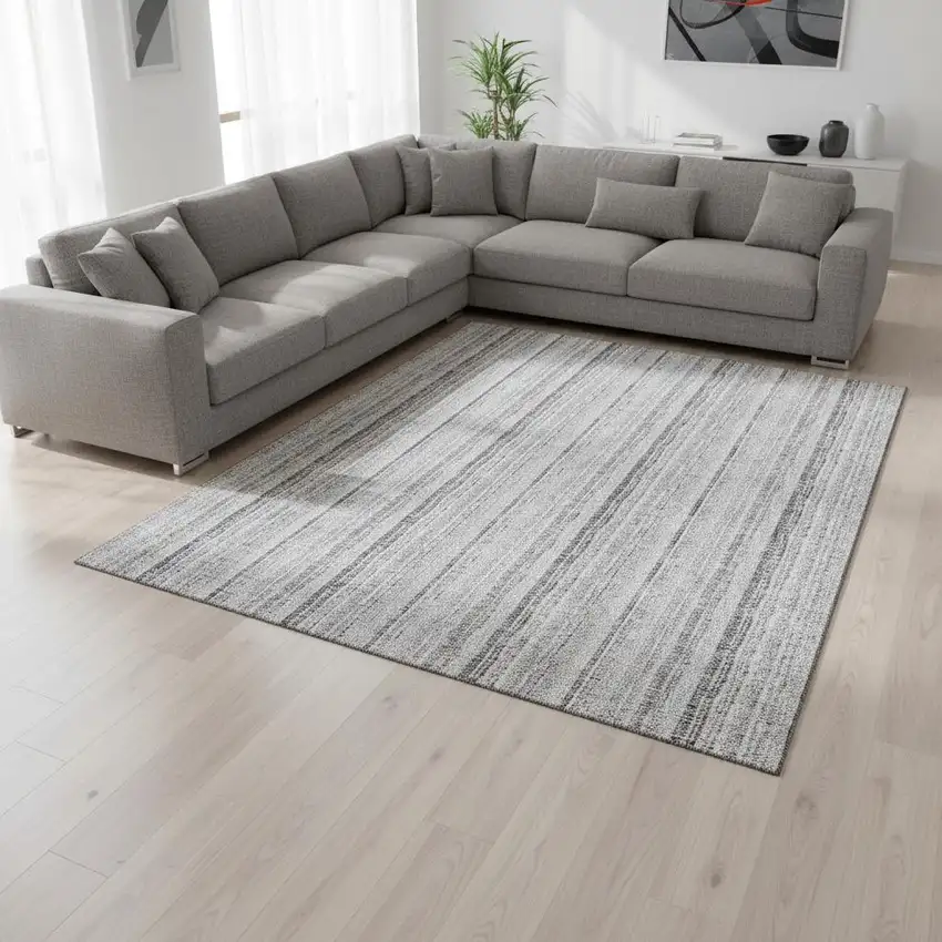 Silver And Gray Striped Washable Area Rug With UV Protection Photo 2