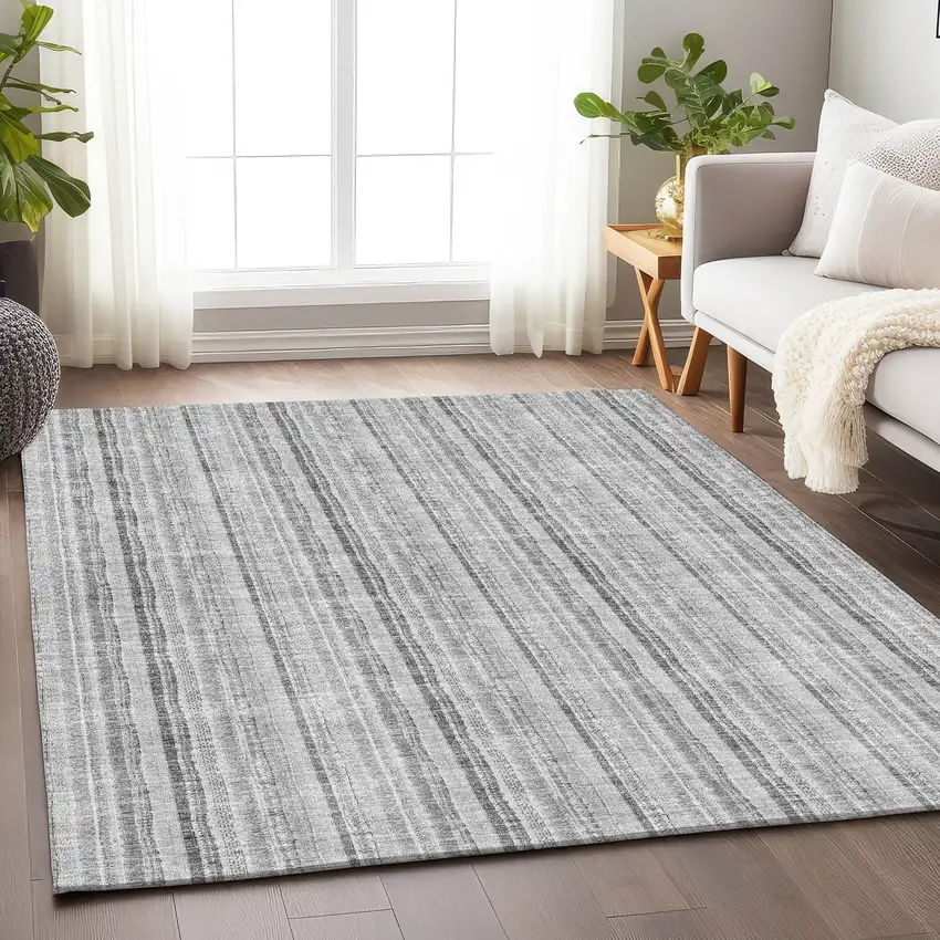 Silver And Gray Striped Washable Area Rug With UV Protection Photo 4