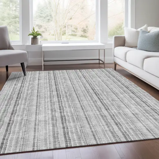 Silver And Gray Striped Washable Area Rug With UV Protection Photo 5