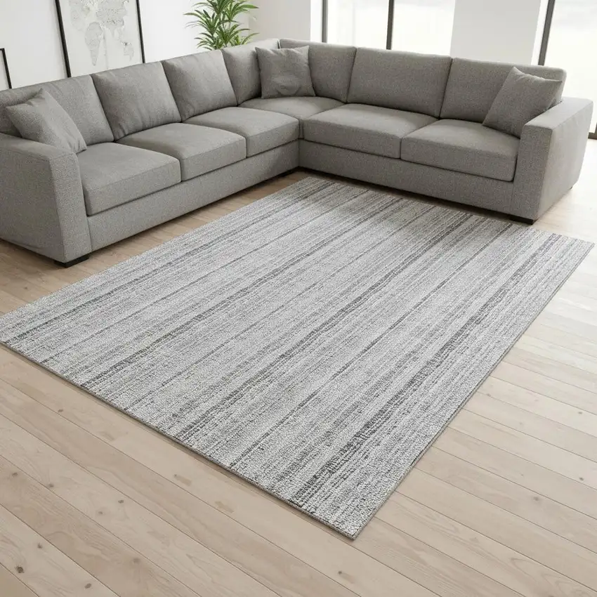 Silver And Gray Striped Washable Area Rug With UV Protection Photo 2