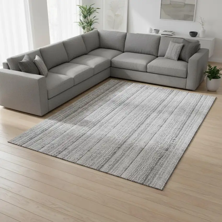 Silver And Gray Striped Washable Area Rug With UV Protection Photo 2