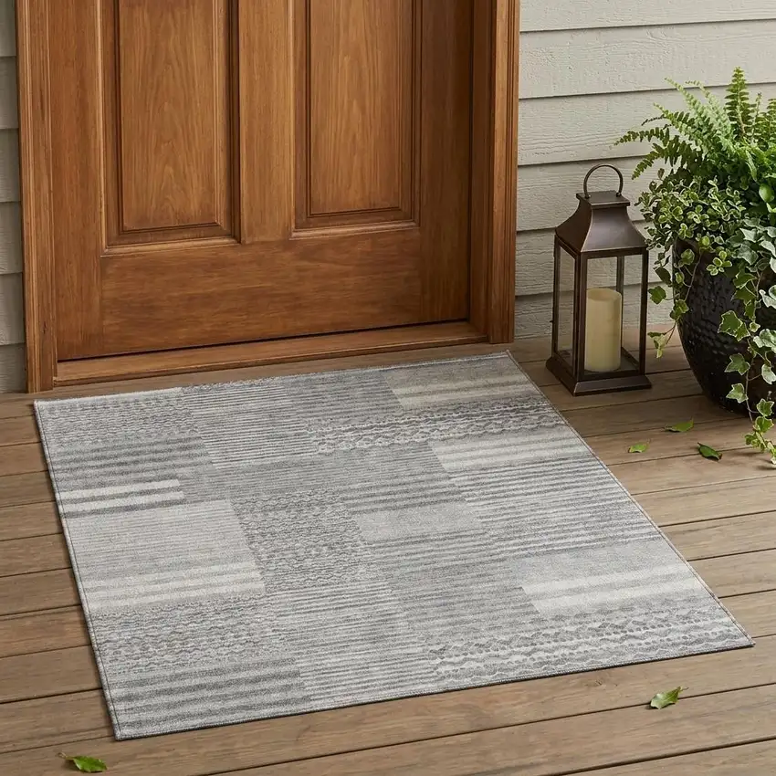 Silver And Gray Striped Washable Indoor Outdoor Area Rug Photo 1