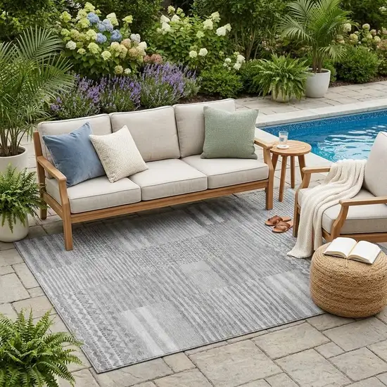 Silver And Gray Striped Washable Indoor Outdoor Area Rug Photo 1