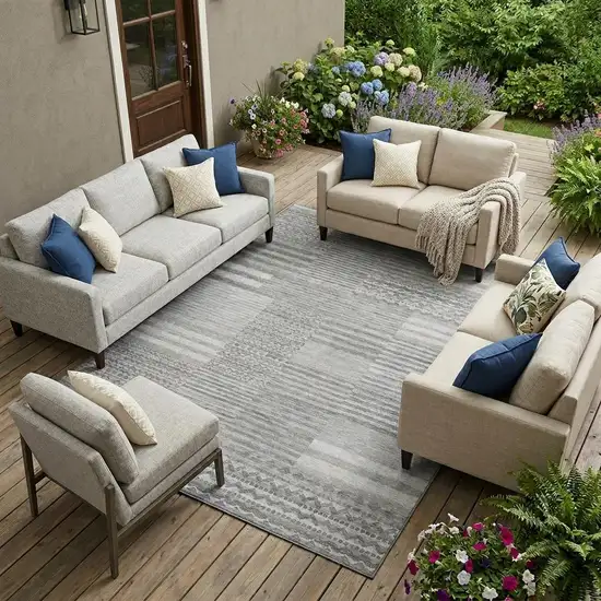 Silver And Gray Striped Washable Indoor Outdoor Area Rug Photo 1