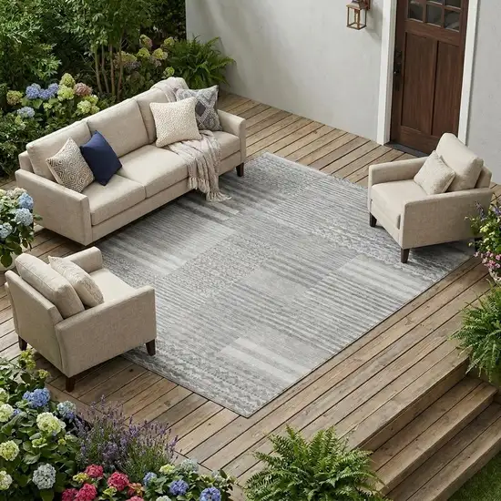 Silver And Gray Striped Washable Indoor Outdoor Area Rug Photo 1