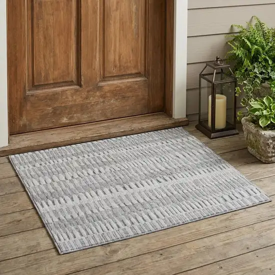 Silver And Gray Striped Washable Indoor Outdoor Area Rug Photo 1