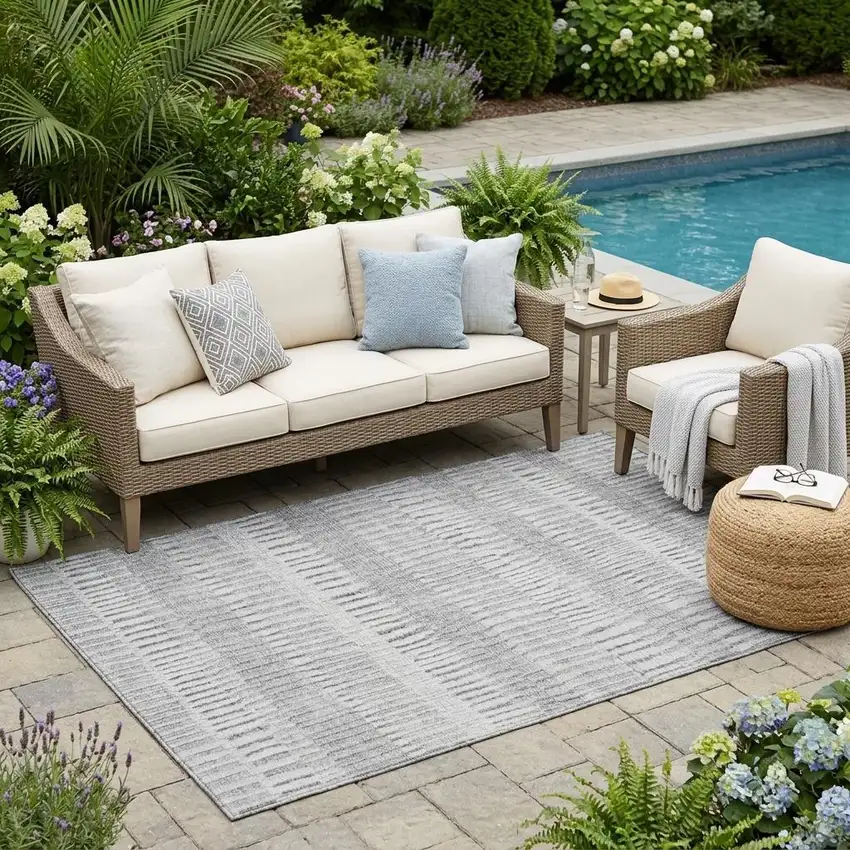 Silver And Gray Striped Washable Indoor Outdoor Area Rug Photo 1