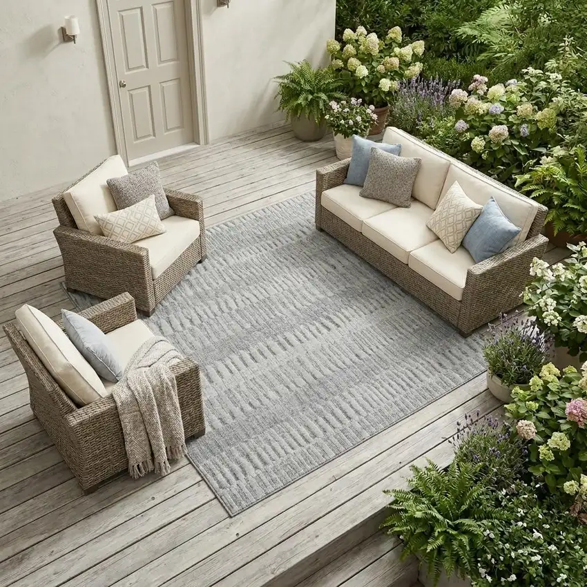 Silver And Gray Striped Washable Indoor Outdoor Area Rug Photo 1