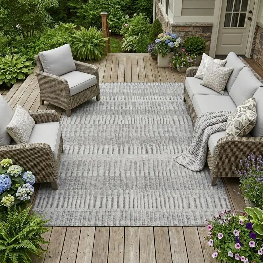 Silver And Gray Striped Washable Indoor Outdoor Area Rug Photo 1