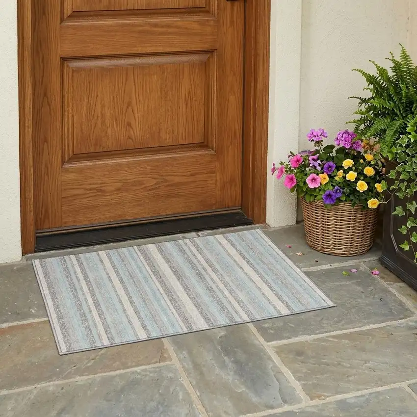 Silver And Gray Striped Washable Indoor Outdoor Area Rug Photo 1