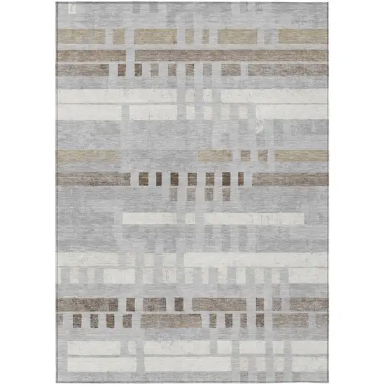 Silver And Gray Striped Washable Indoor Outdoor Area Rug Photo 2