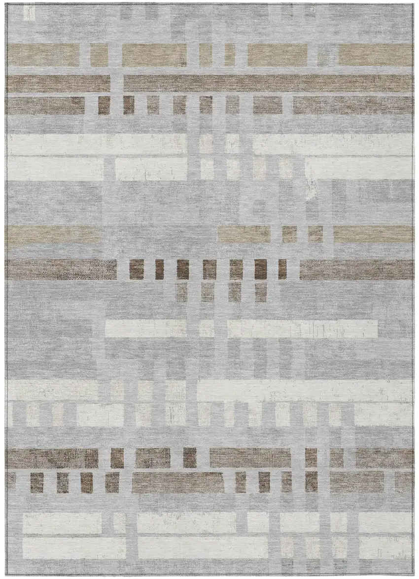Silver And Gray Striped Washable Indoor Outdoor Area Rug Photo 2