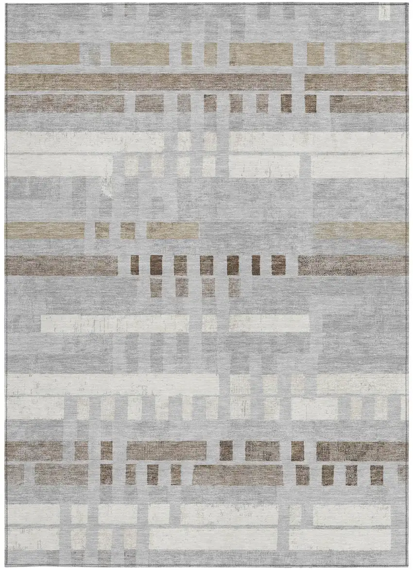 Silver And Gray Striped Washable Indoor Outdoor Area Rug Photo 3