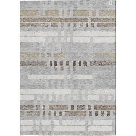 Silver And Gray Striped Washable Indoor Outdoor Area Rug Photo 3