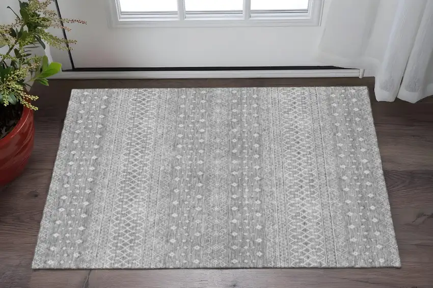 Silver And Gray Tribal Washable Area Rug With UV Protection Photo 2