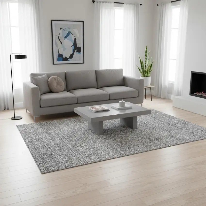 Silver And Gray Tribal Washable Area Rug With UV Protection Photo 1