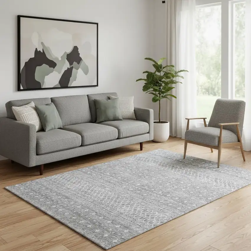 Silver And Gray Tribal Washable Area Rug With UV Protection Photo 1