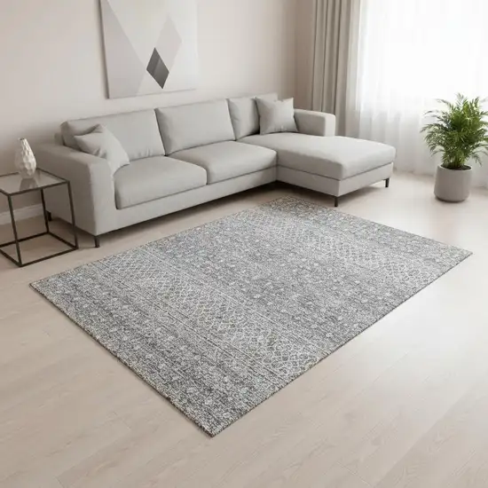 Silver And Gray Tribal Washable Area Rug With UV Protection Photo 1