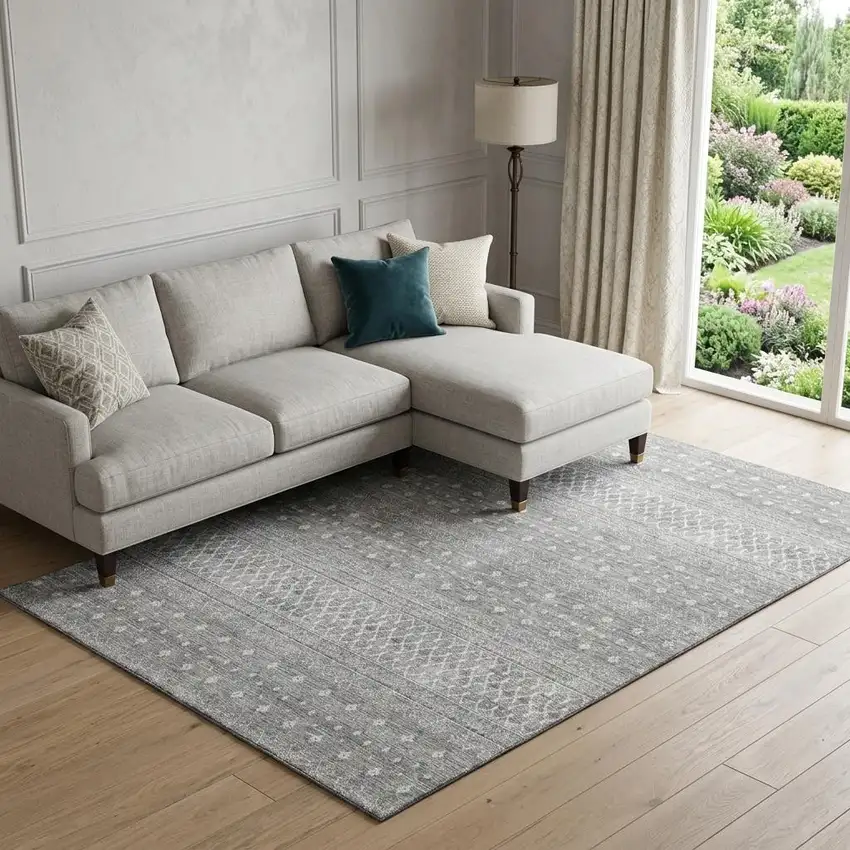 Silver And Gray Tribal Washable Area Rug With UV Protection Photo 1