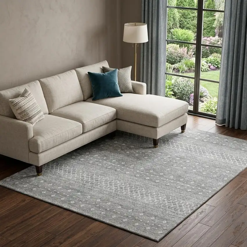 Silver And Gray Tribal Washable Area Rug With UV Protection Photo 1