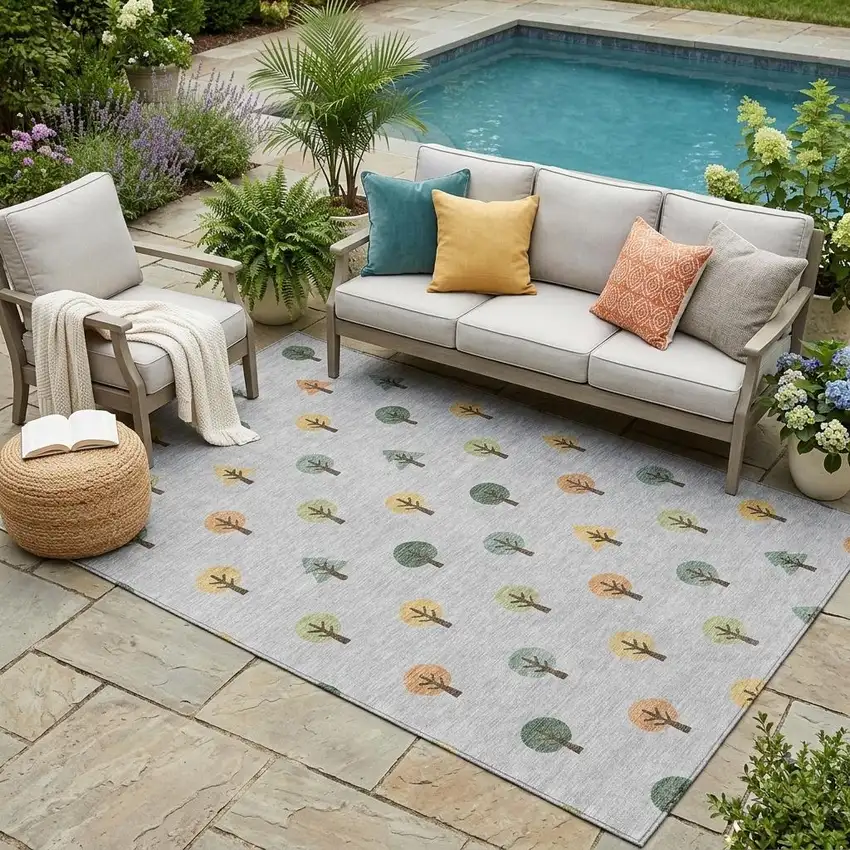 Silver And Green Geometric Washable Indoor Outdoor Area Rug Photo 1