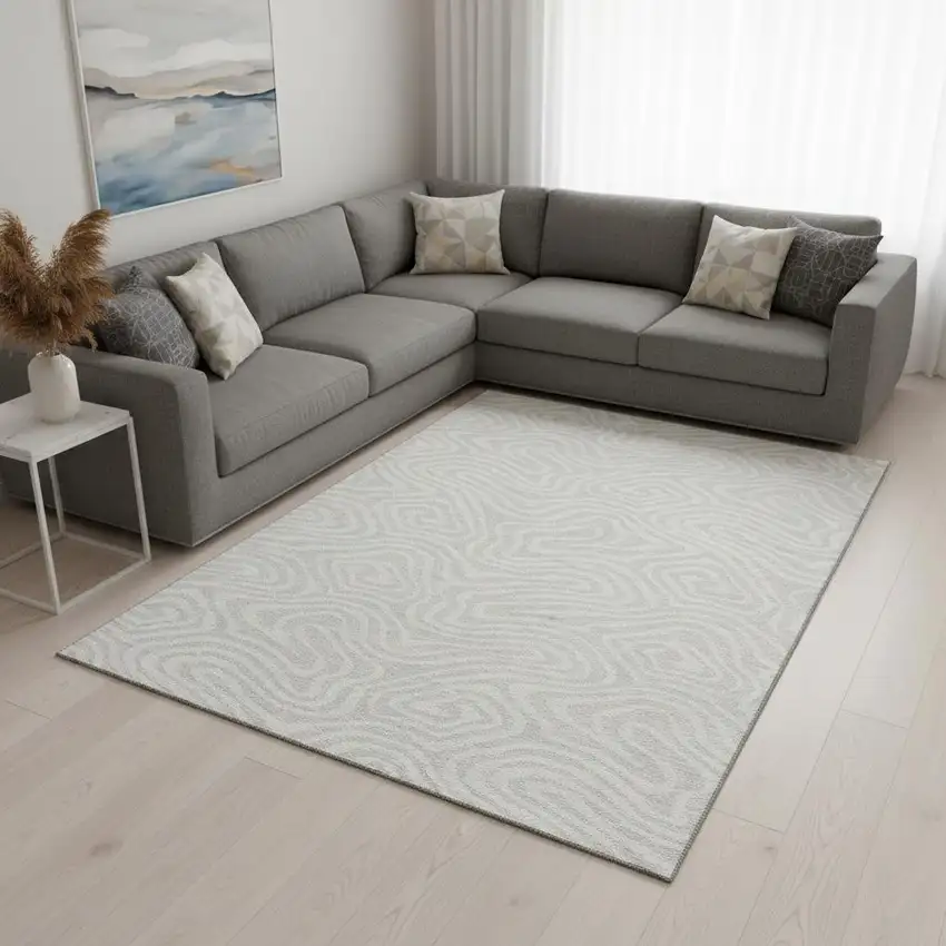 Silver And Ivory Abstract Washable Area Rug With UV Protection Photo 2