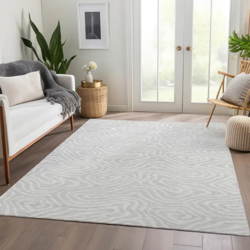 Silver And Ivory Abstract Washable Area Rug With UV Protection Photo 5