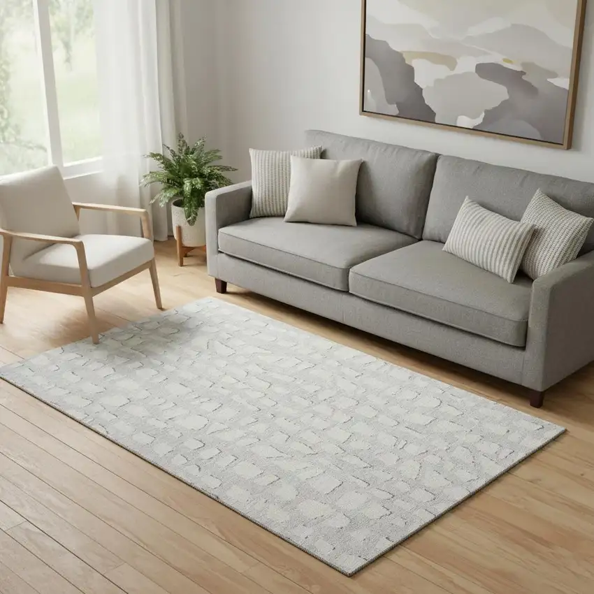 Silver And Ivory Cobblestone Washable Area Rug With UV Protection Photo 1