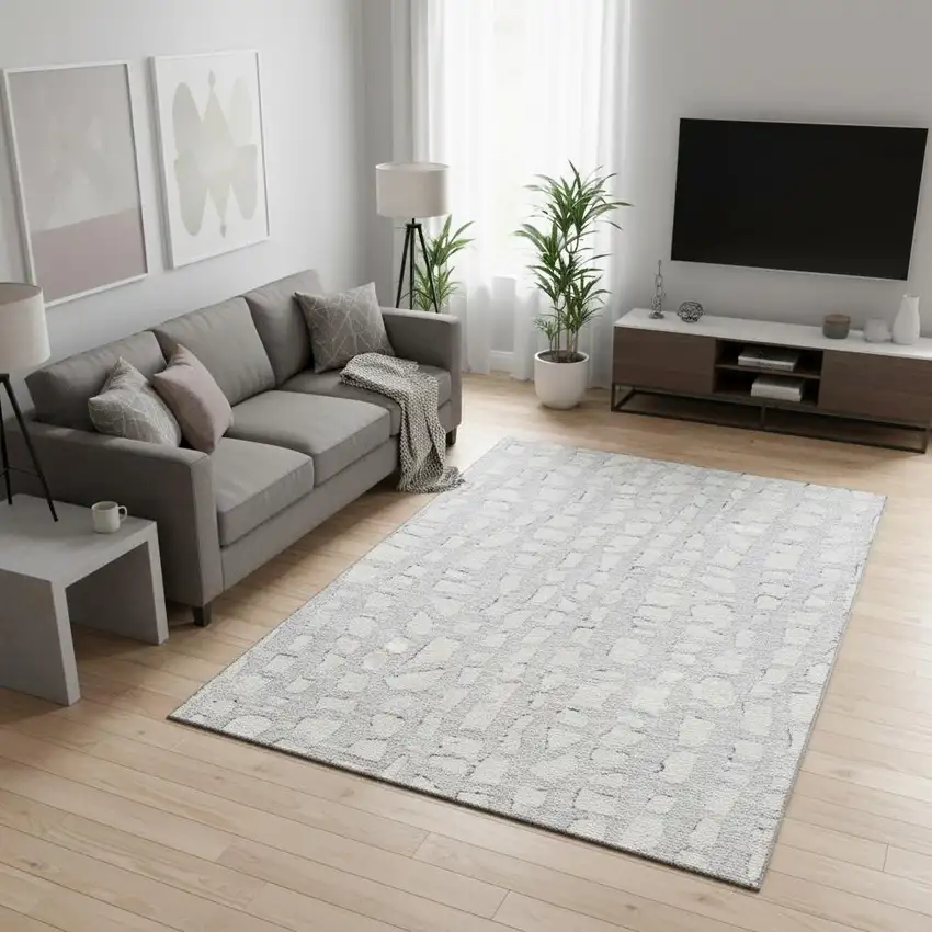 Silver And Ivory Cobblestone Washable Area Rug With UV Protection Photo 2