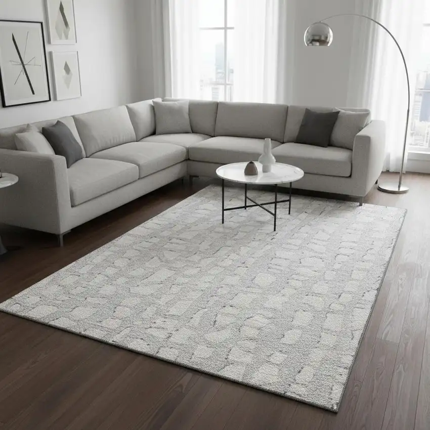 Silver And Ivory Cobblestone Washable Area Rug With UV Protection Photo 2