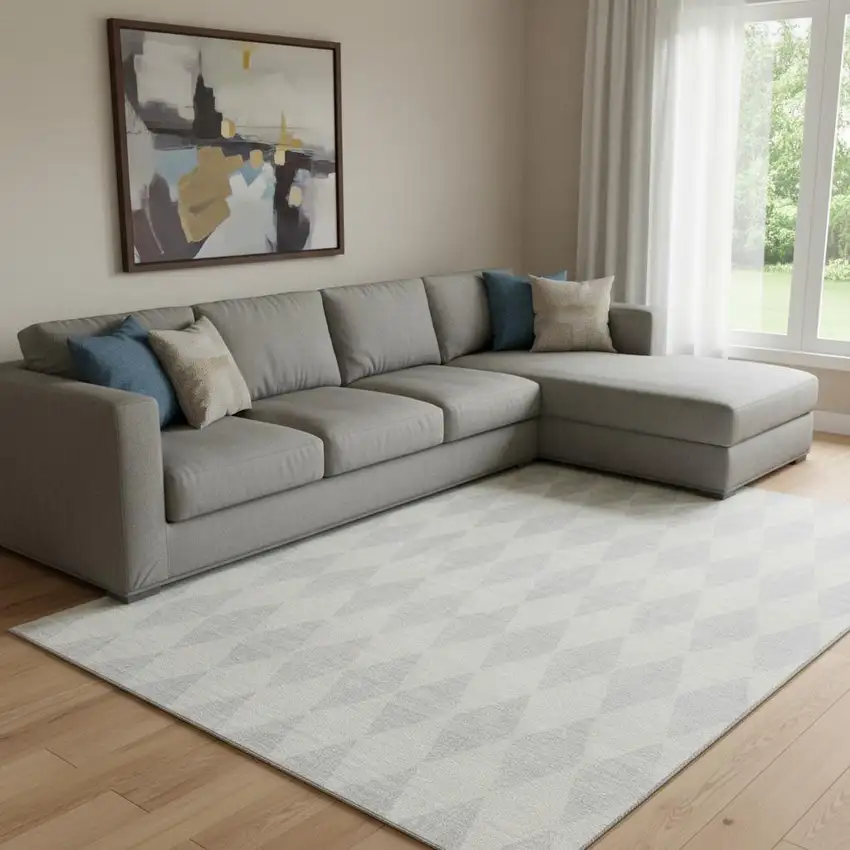 Silver And Ivory Diamond Washable Area Rug With UV Protection Photo 1