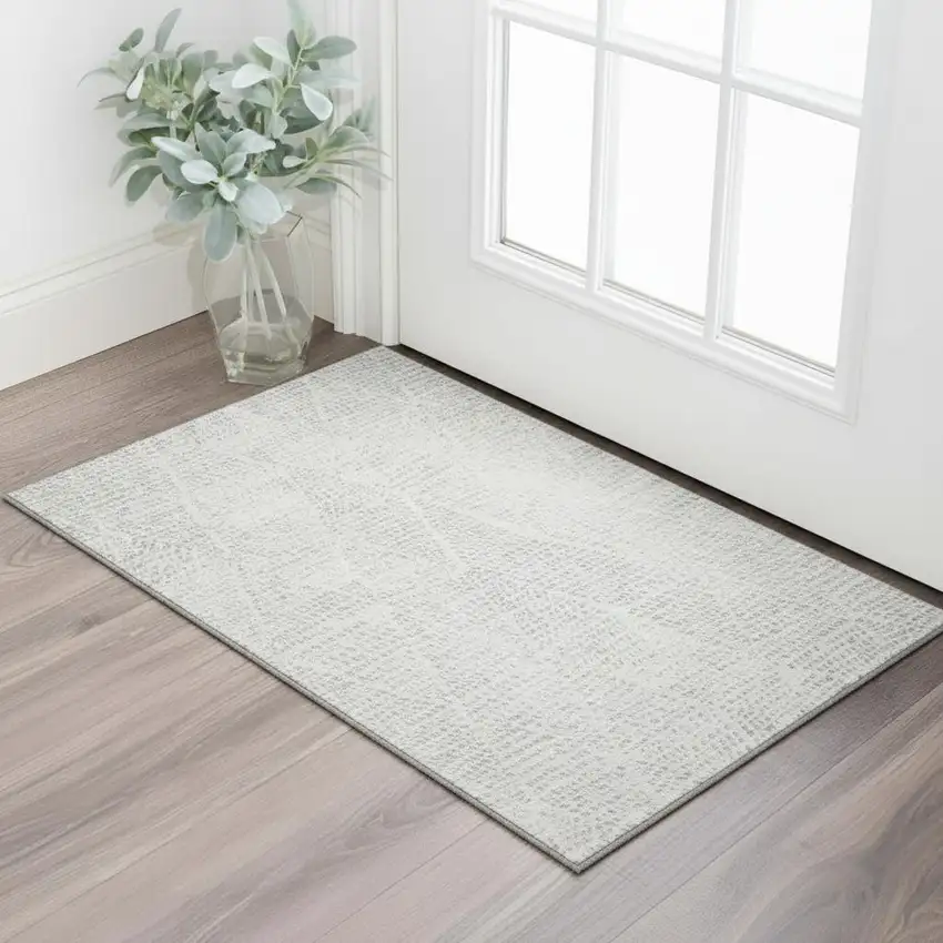 Silver And Ivory Diamond Washable Area Rug With UV Protection Photo 1