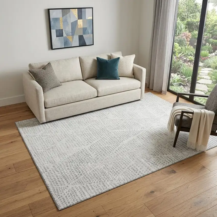 Silver And Ivory Diamond Washable Area Rug With UV Protection Photo 1