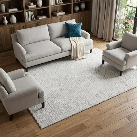 Silver And Ivory Diamond Washable Area Rug With UV Protection Photo 1