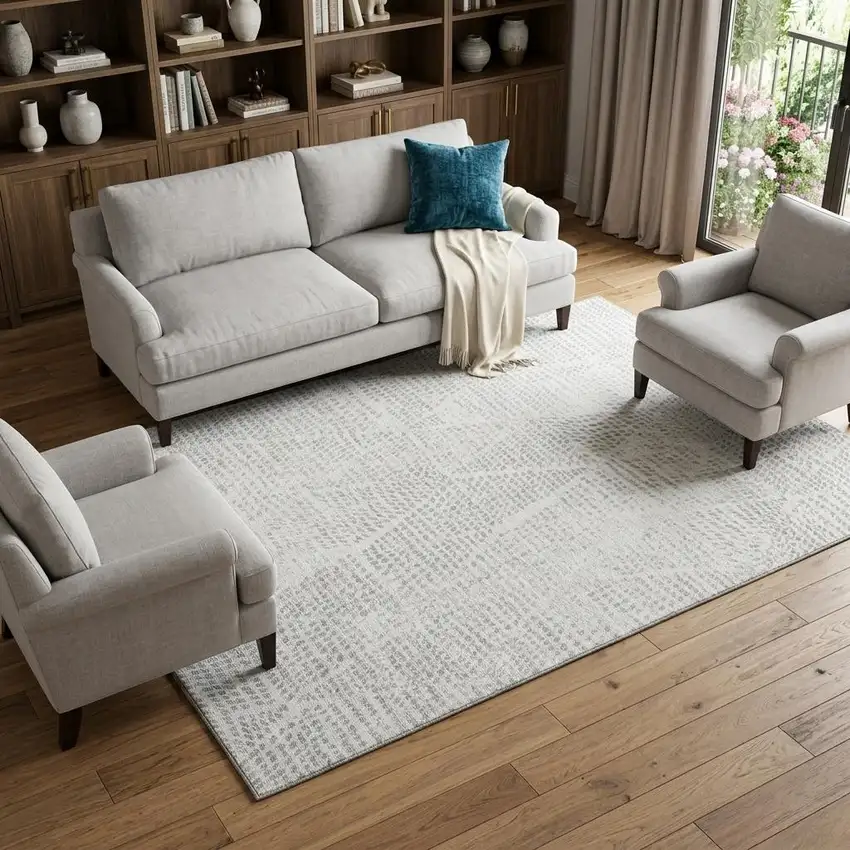 Silver And Ivory Diamond Washable Area Rug With UV Protection Photo 1