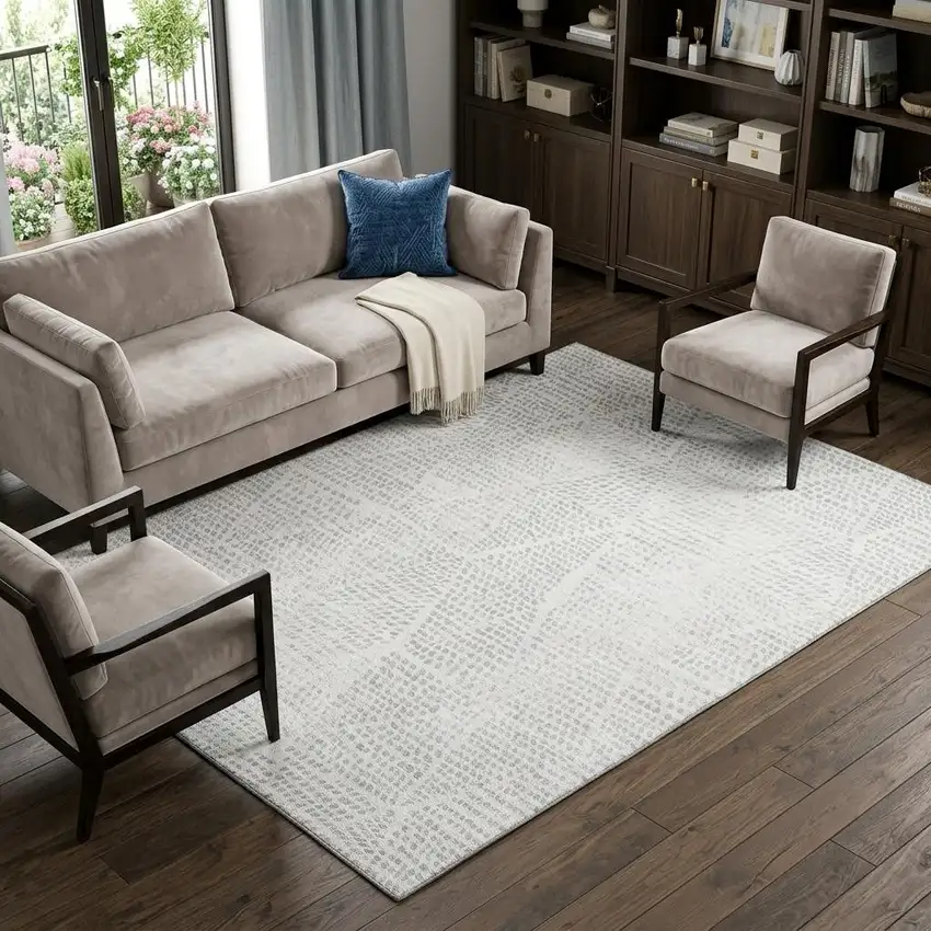 Silver And Ivory Diamond Washable Area Rug With UV Protection Photo 1