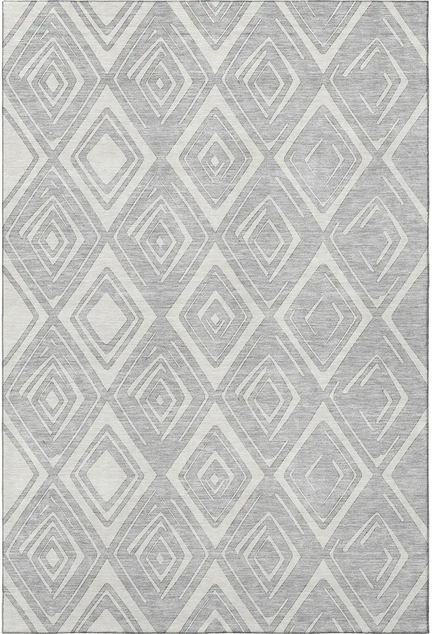 Silver And Ivory Diamond Washable Area Rug With UV Protection Photo 4