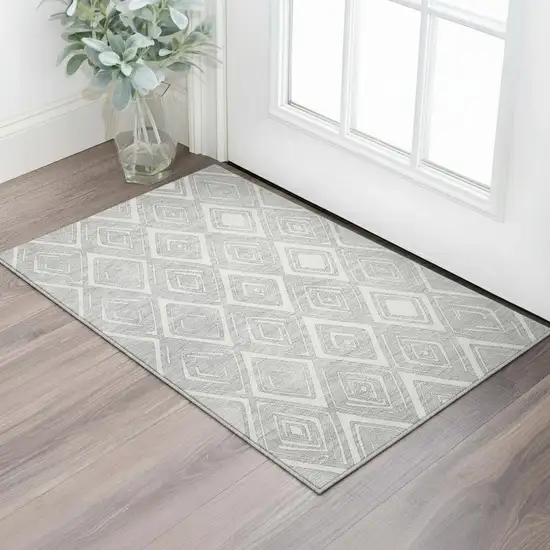 Silver And Ivory Diamond Washable Area Rug With UV Protection Photo 2