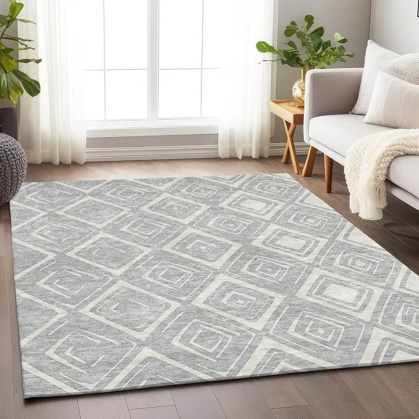 Silver And Ivory Diamond Washable Area Rug With UV Protection Photo 5