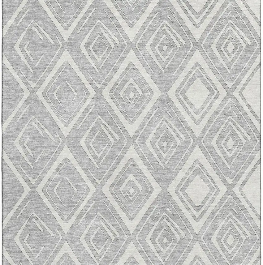 Silver And Ivory Diamond Washable Area Rug With UV Protection Photo 3