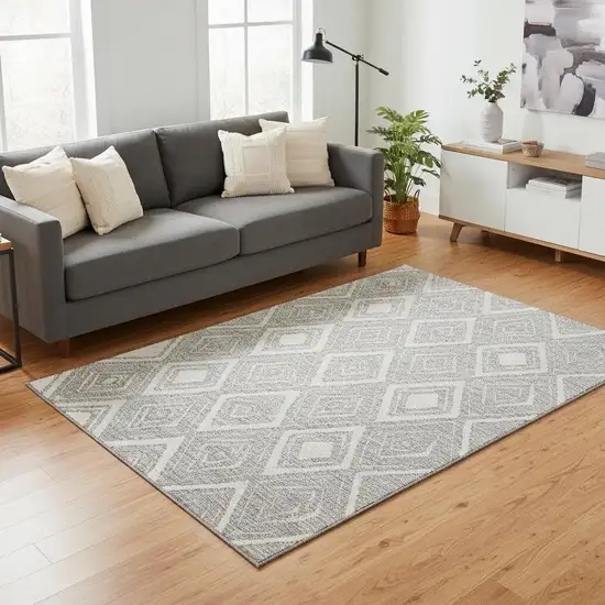Silver And Ivory Diamond Washable Area Rug With UV Protection Photo 2