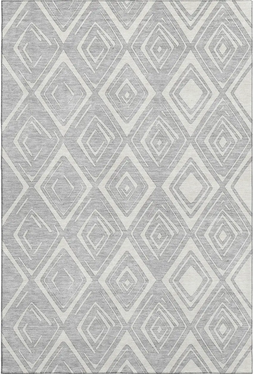 Silver And Ivory Diamond Washable Area Rug With UV Protection Photo 1