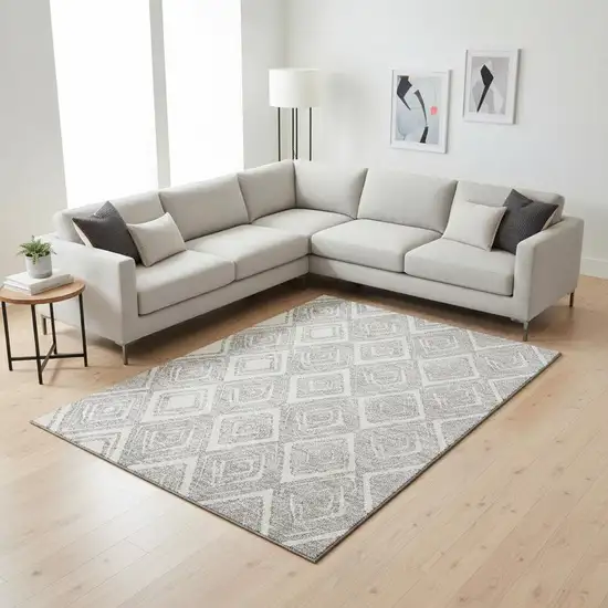 Silver And Ivory Diamond Washable Area Rug With UV Protection Photo 2
