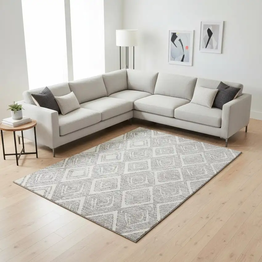 Silver And Ivory Diamond Washable Area Rug With UV Protection Photo 2