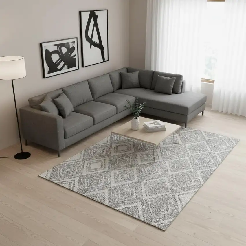 Silver And Ivory Diamond Washable Area Rug With UV Protection Photo 2