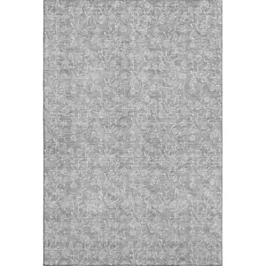 Photo of Silver And Ivory Floral Washable Area Rug With UV Protection